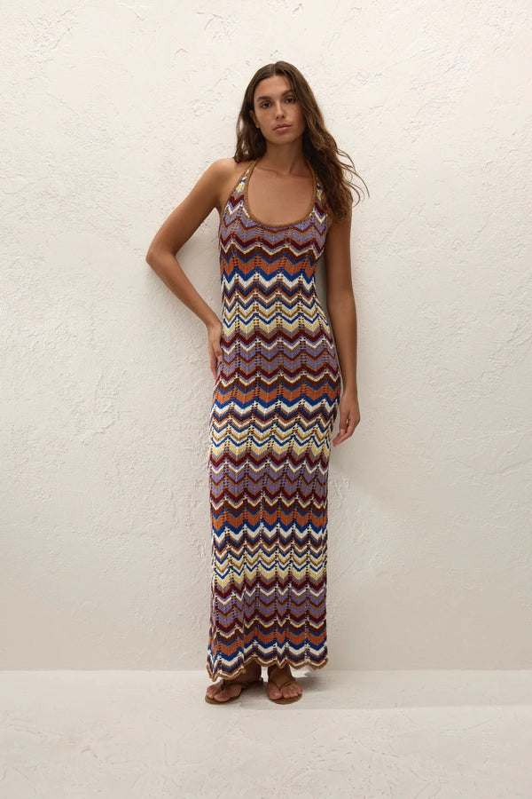 Elisa Maxi Dress Cadaqués Stripe by Faithfull the Brand - striped knit maxi dress with halter neck, designed for a relaxed summer look.