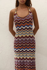 Elisa Maxi Dress Cadaqués Stripe by Faithfull the Brand - striped knit maxi dress with halter neck, designed for a relaxed summer look.