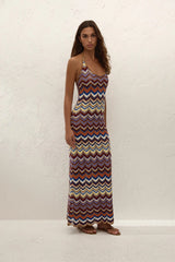 Elisa Maxi Dress Cadaqués Stripe by Faithfull the Brand - striped knit maxi dress with halter neck, designed for a relaxed summer look.
