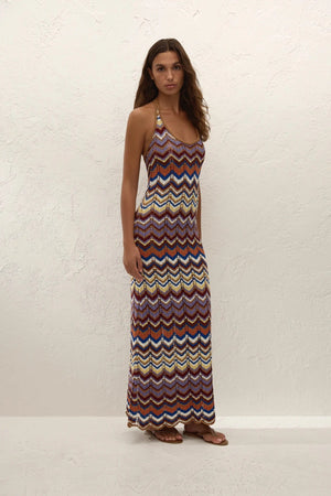 Elisa Maxi Dress Cadaqués Stripe by Faithfull the Brand - striped knit maxi dress with halter neck, designed for a relaxed summer look.