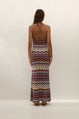 Elisa Maxi Dress Cadaqués Stripe by Faithfull the Brand - striped knit maxi dress with halter neck, designed for a relaxed summer look.