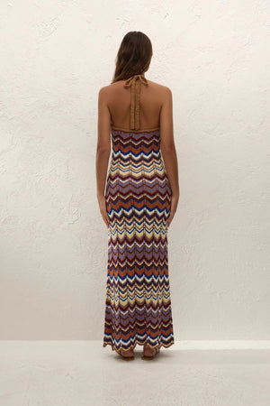 Elisa Maxi Dress Cadaqués Stripe by Faithfull the Brand - striped knit maxi dress with halter neck, designed for a relaxed summer look.