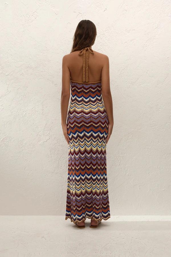 Elisa Maxi Dress Cadaqués Stripe by Faithfull the Brand - striped knit maxi dress with halter neck, designed for a relaxed summer look.