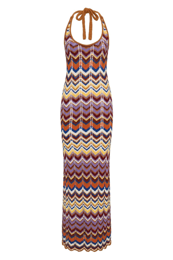 Elisa Maxi Dress Cadaqués Stripe by Faithfull the Brand - striped knit maxi dress with halter neck, designed for a relaxed summer look.