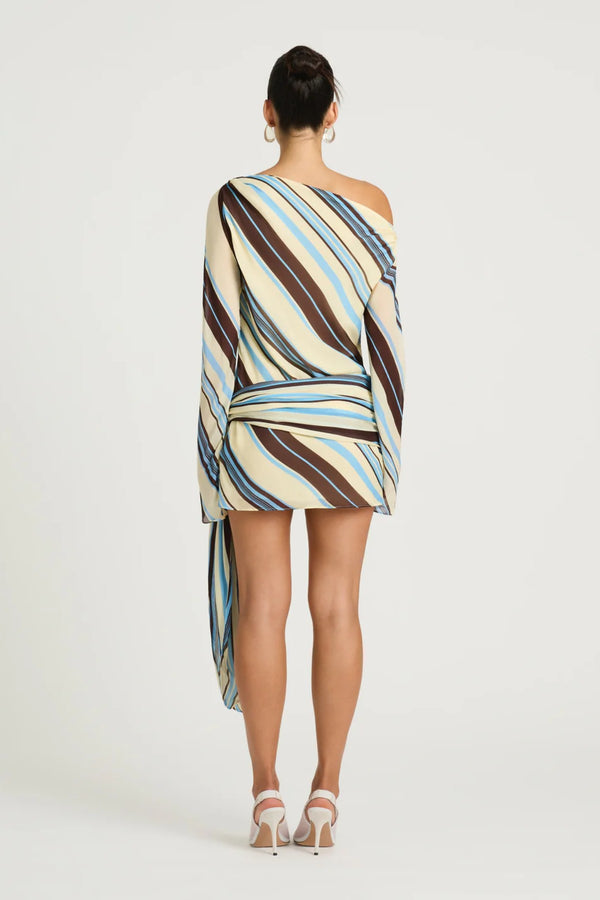 Elise Mini Dress by Benni, ocean stripe one-shoulder mini with flared sleeve, wrap sash waist and statement buckle detail.