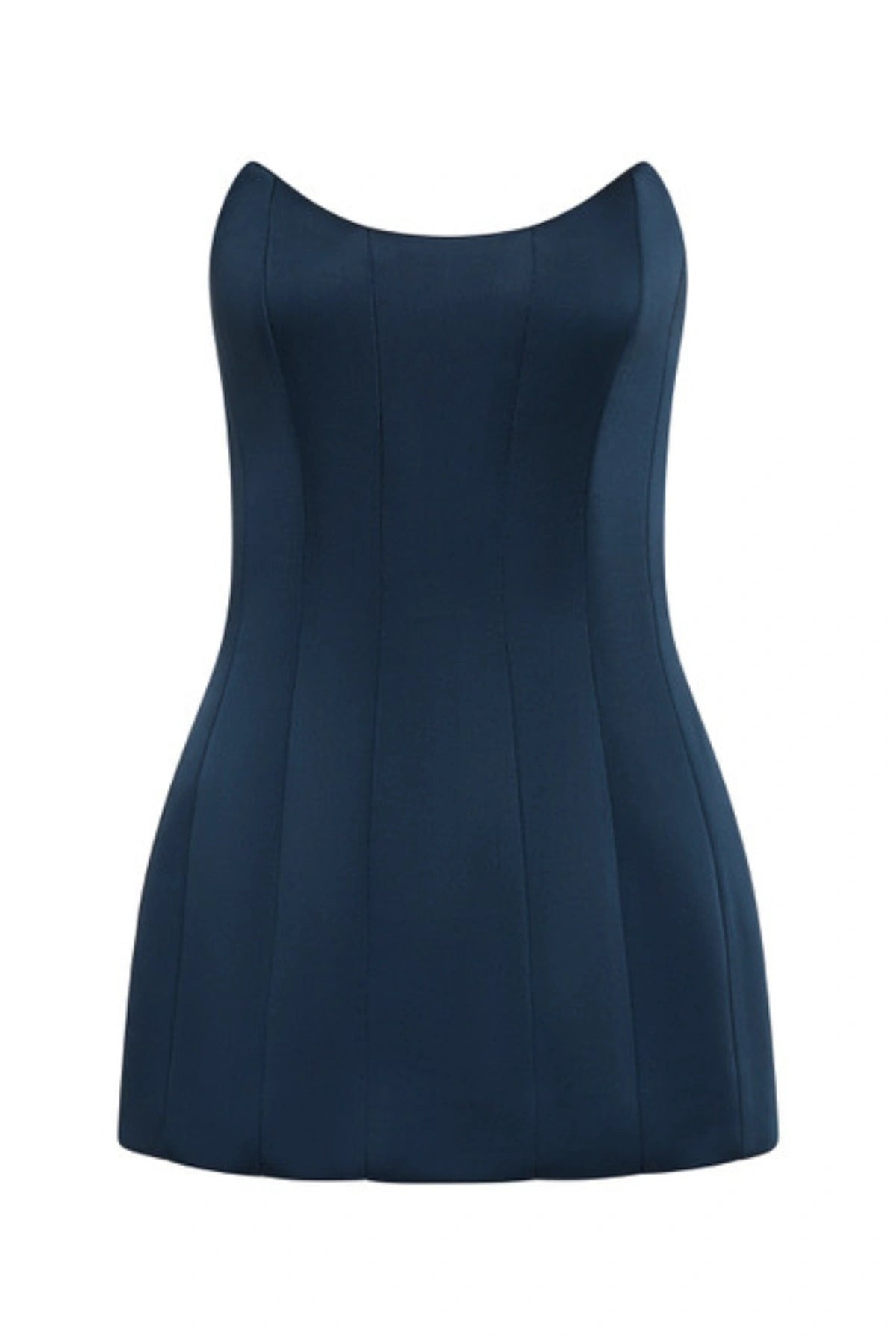 Elivera Top in Navy by Rebecca Vallance, a sculpted strapless corset top with boning and flared hem. Perfect for elevated dressing.
