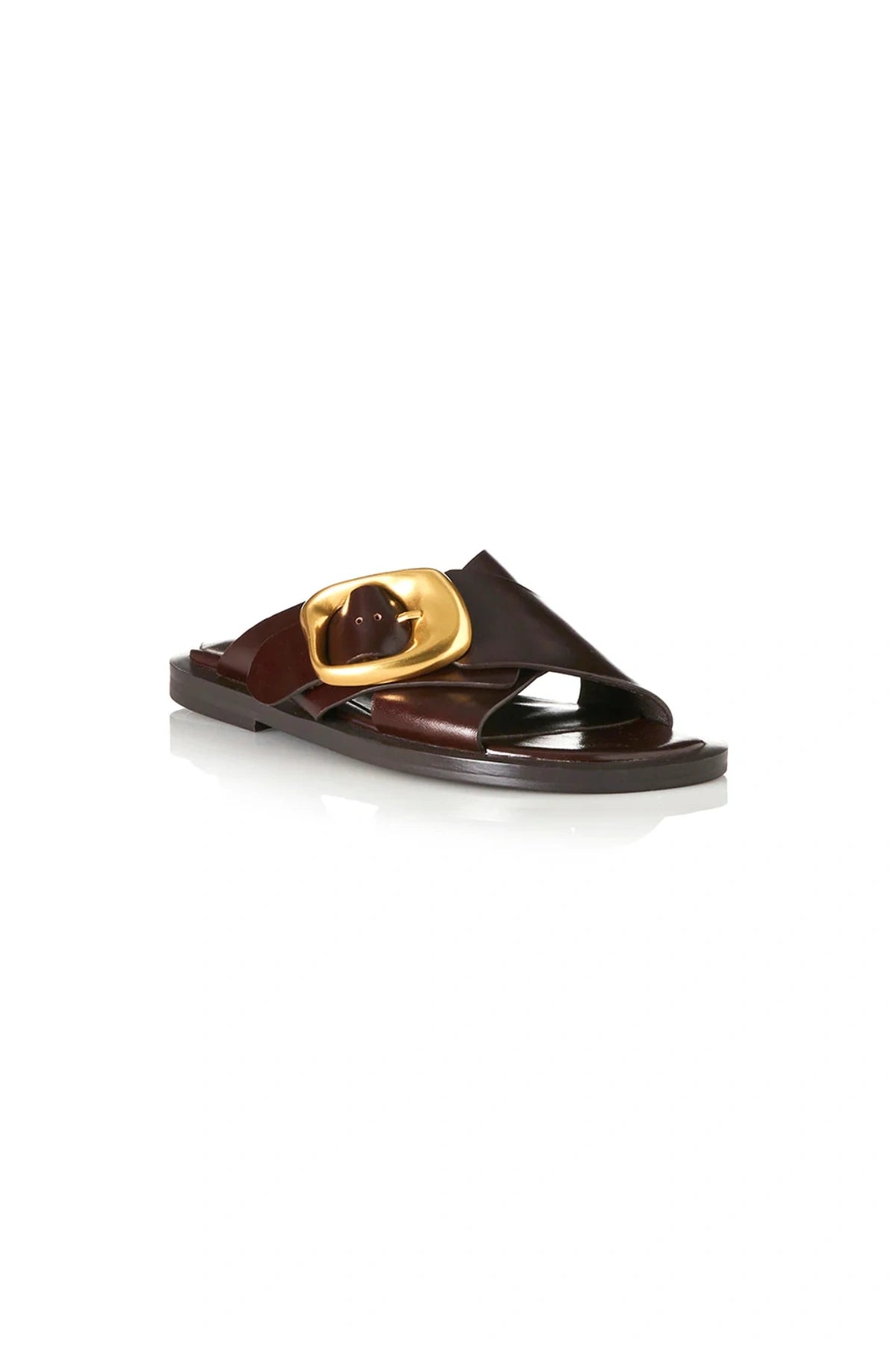 Elle Walnut Wax by Alias Mae, leather crossover sandal with gold buckle detail, a trendy piece perfect for summer dresses or relaxed looks.