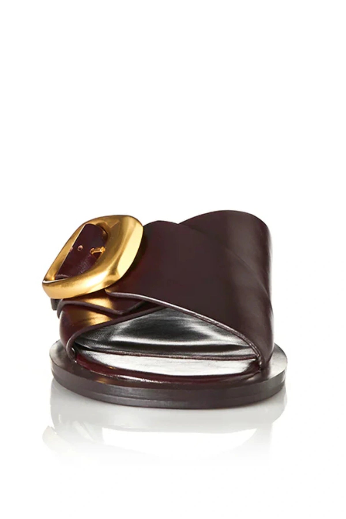 Elle Walnut Wax by Alias Mae, leather crossover sandal with gold buckle detail, a trendy piece perfect for summer dresses or relaxed looks.