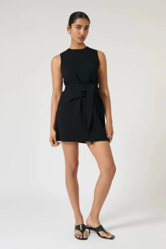 Elodia Dress – Black by Onte, a sleeveless crepe knit mini with a scarf belt. Perfect for day-to-night wear or elevated everyday style.