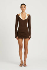 Elora Dress Chocolate Cream by Benni - ribbed mini dress with halter neckline and ruched skirt, perfect for modern evening styling.