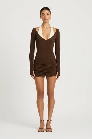 Elora Dress Chocolate Cream by Benni - ribbed mini dress with halter neckline and ruched skirt, perfect for modern evening styling.