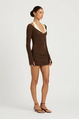 Elora Dress Chocolate Cream by Benni - ribbed mini dress with halter neckline and ruched skirt, perfect for modern evening styling.