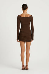 Elora Dress Chocolate Cream by Benni - ribbed mini dress with halter neckline and ruched skirt, perfect for modern evening styling.