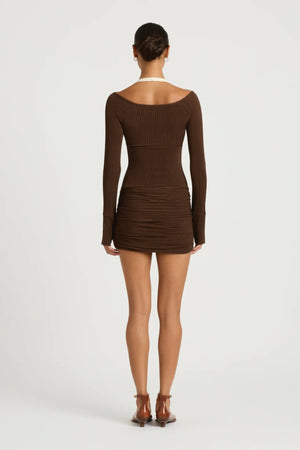 Elora Dress Chocolate Cream by Benni - ribbed mini dress with halter neckline and ruched skirt, perfect for modern evening styling.