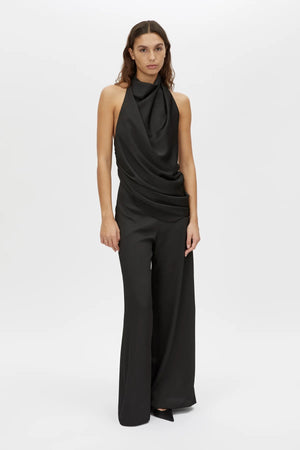 Elowyn Halter Top by Camilla and Marc, a black draped open-back halter top with asymmetric hem and fluid georgette lining.