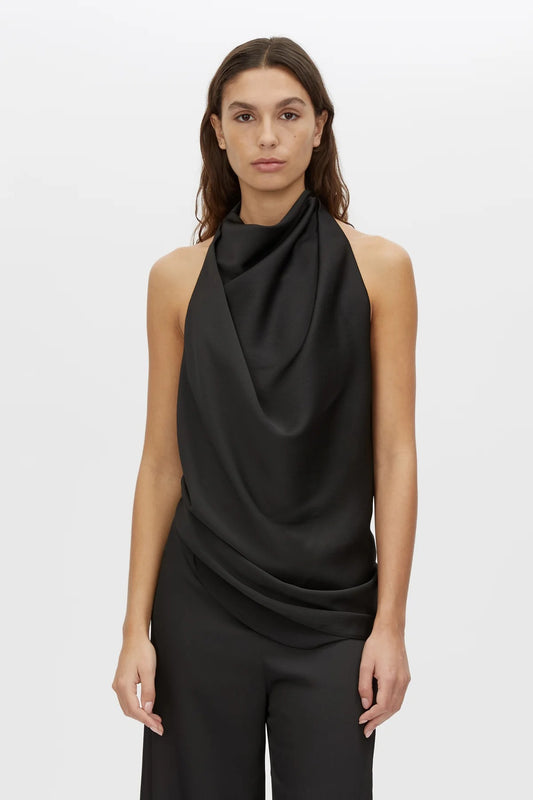 Elowyn Halter Top by Camilla and Marc, a black draped open-back halter top with asymmetric hem and fluid georgette lining.