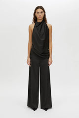 Elowyn Halter Top by Camilla and Marc, a black draped open-back halter top with asymmetric hem and fluid georgette lining.