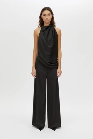 Elowyn Halter Top by Camilla and Marc, a black draped open-back halter top with asymmetric hem and fluid georgette lining.