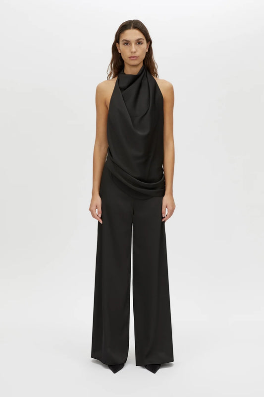 Elowyn Halter Top by Camilla and Marc, a black draped open-back halter top with asymmetric hem and fluid georgette lining.