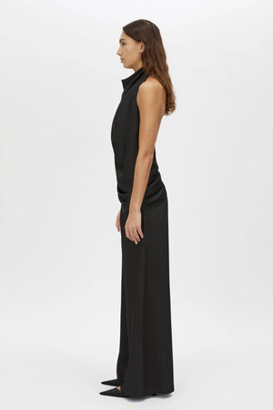 Elowyn Halter Top by Camilla and Marc, a black draped open-back halter top with asymmetric hem and fluid georgette lining.