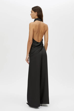 Elowyn Halter Top by Camilla and Marc, a black draped open-back halter top with asymmetric hem and fluid georgette lining.