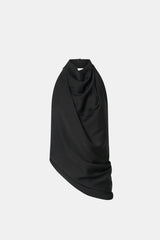 Elowyn Halter Top by Camilla and Marc, a black draped open-back halter top with asymmetric hem and fluid georgette lining.