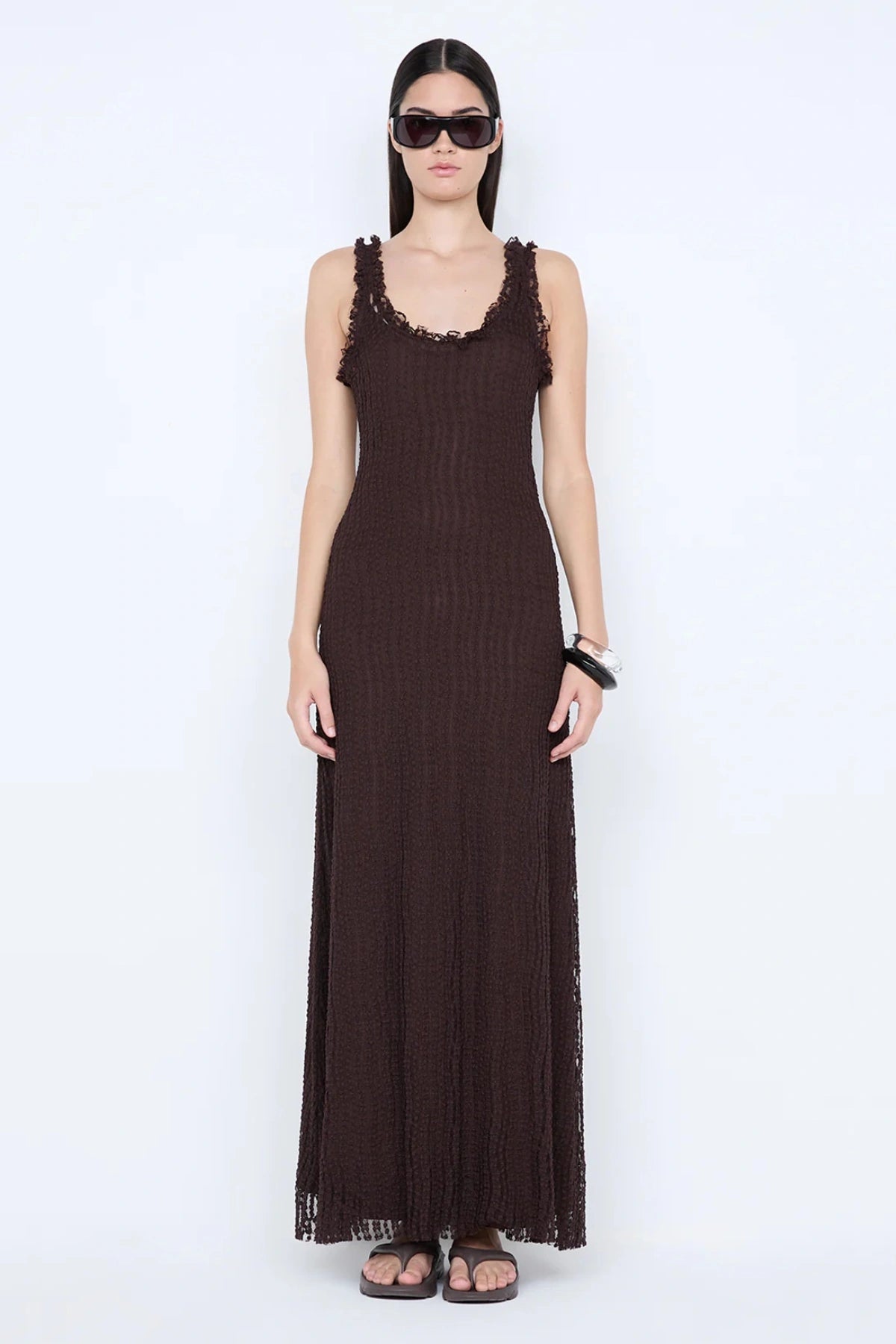 Emaretta Scoop Maxi Dress by Bec + Bridge, a sheer lace silhouette with scoop neckline and cap sleeves for a bold yet elegant evening statement.