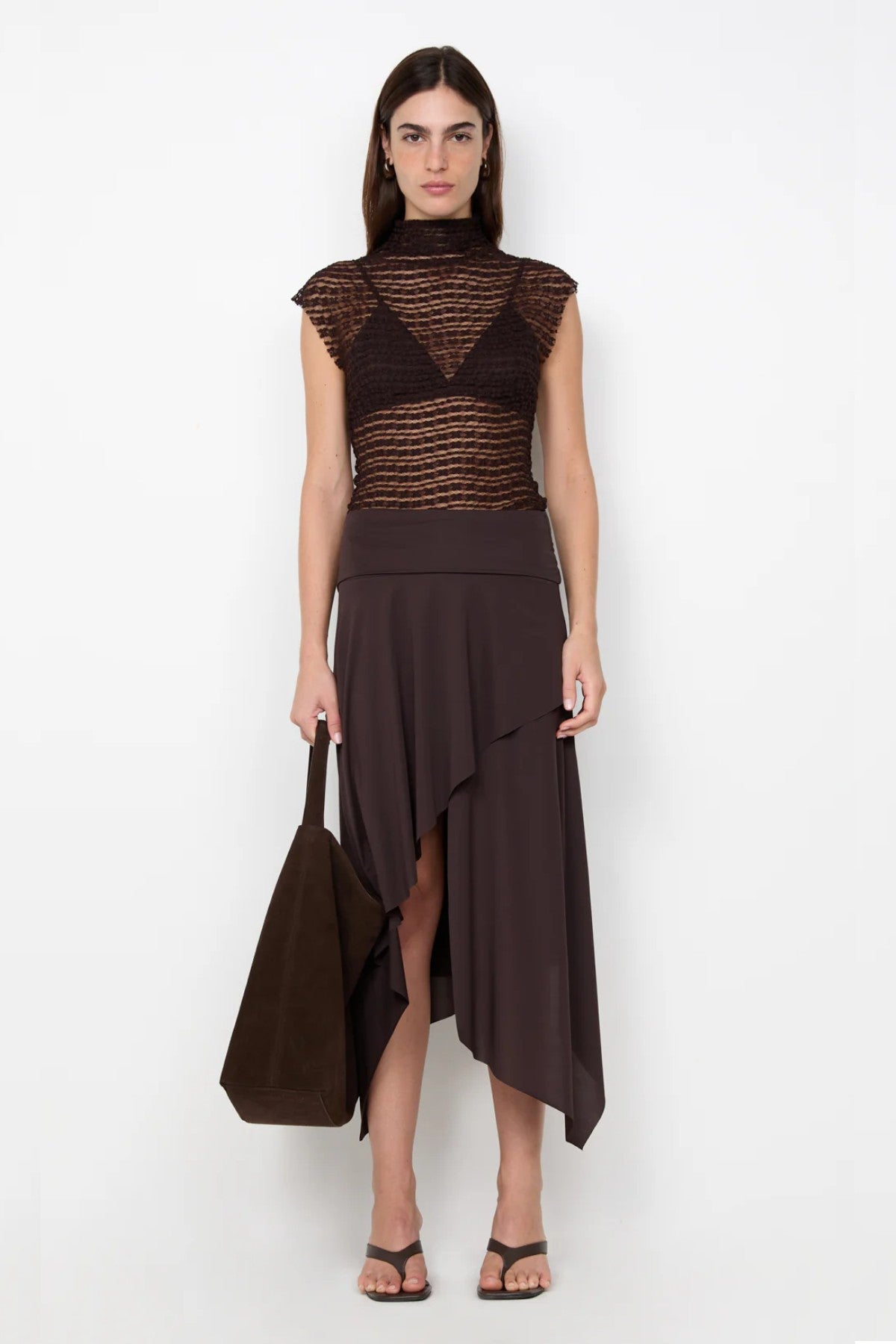 Emaretta Top by Bec + Bridge, a sheer lace funnel-neck top with cap sleeves and a slim fit, perfect for elegant layering and evening looks.