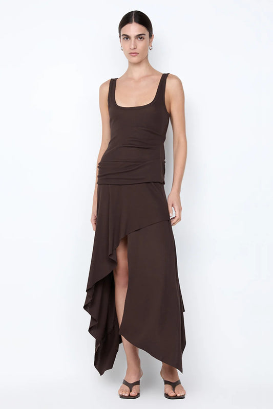 Emerson Tank Dress by Bec + Bridge, a dark chocolate ribbed midi with square neckline and asymmetric hem. Ideal for chic daily wear.
