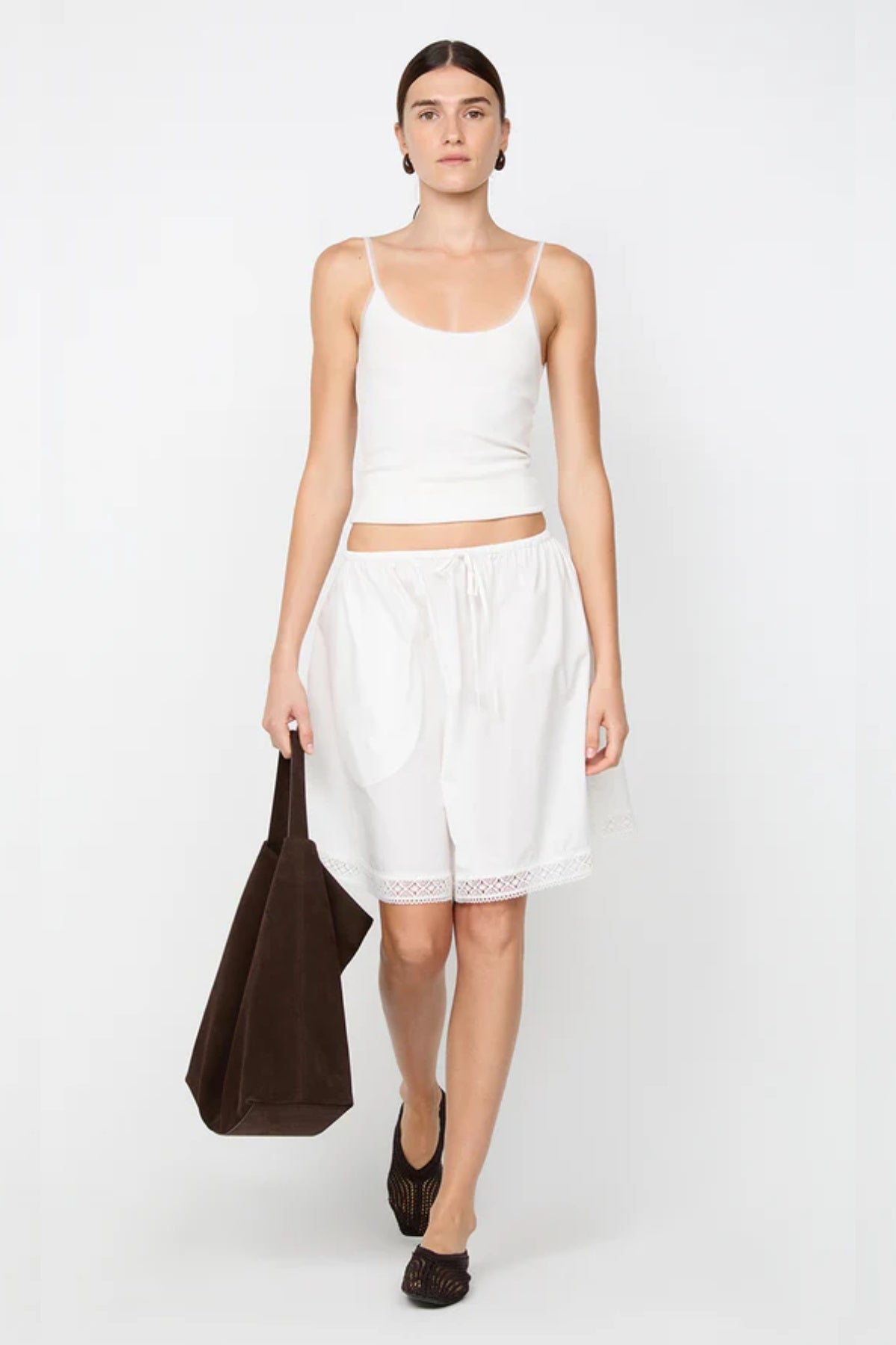 Emerson Tank in Ivory by Bec + Bridge, a ribbed cotton tank with sheer tulle trim and scoop neckline. Perfect for everyday layering or polished looks.