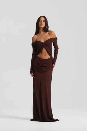 Emily Gown Espresso by Natalie Rolt, flowing off-shoulder gown with layered sheer fabric and halter tie, perfect for formal occasions.