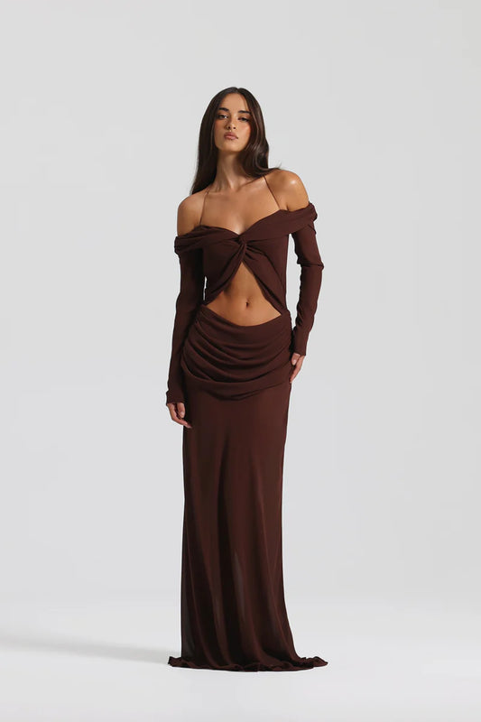 Emily Gown Espresso by Natalie Rolt, flowing off-shoulder gown with layered sheer fabric and halter tie, perfect for formal occasions.