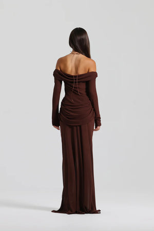 Emily Gown Espresso by Natalie Rolt, flowing off-shoulder gown with layered sheer fabric and halter tie, perfect for formal occasions.