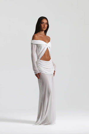 Emily Gown White by Natalie Rolt, sheer layered georgette with knot bust and flowing skirt for dreamy event elegance.