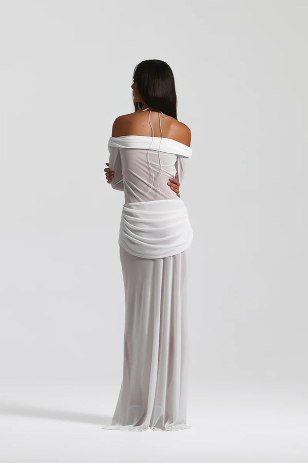 Emily Gown White by Natalie Rolt, sheer layered georgette with knot bust and flowing skirt for dreamy event elegance.