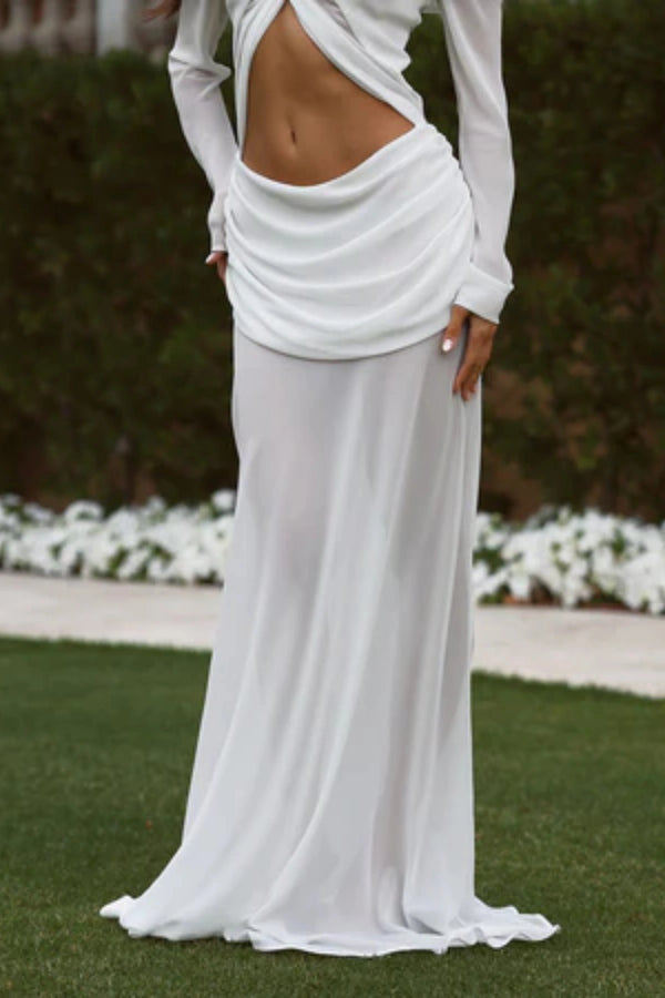 Emily Gown White by Natalie Rolt, sheer layered georgette with knot bust and flowing skirt for dreamy event elegance.