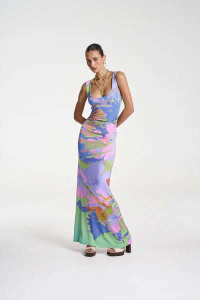 Emma Maxi Dress – Bananas by Summi Summi, a ruched cotton maxi with scoop neck. Perfect for beach days or effortless summer events.