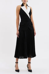 Emma Midi Dress Black and White by Rebecca Vallance – a tailored midi with contrast lapel and pleated skirt. Perfect for elegant styling.