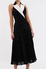 Emma Midi Dress Black and White by Rebecca Vallance – a tailored midi with contrast lapel and pleated skirt. Perfect for elegant styling.