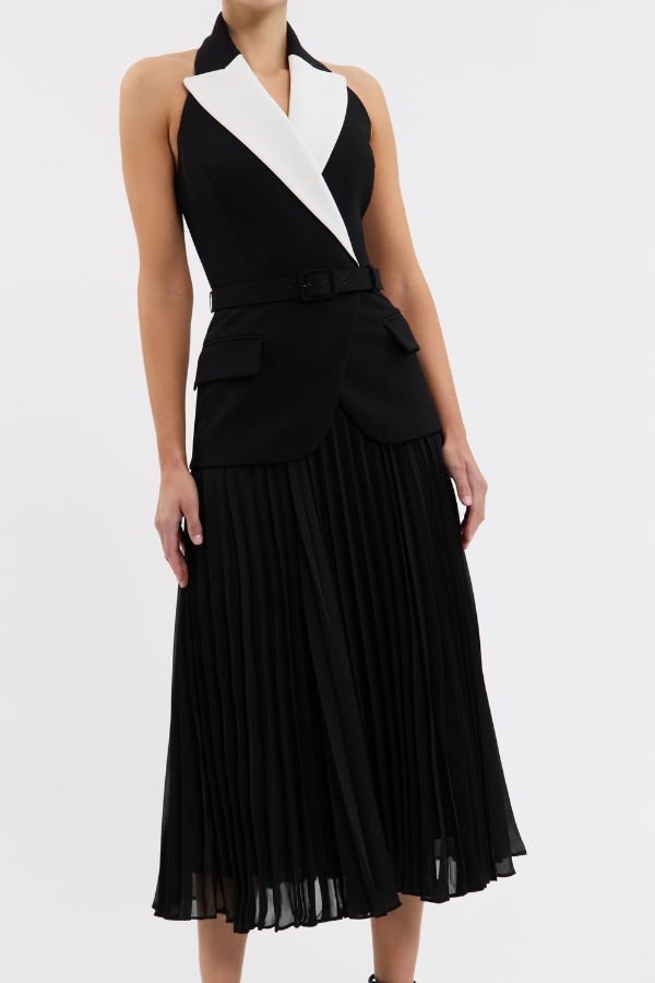 Emma Midi Dress Black and White by Rebecca Vallance – a tailored midi with contrast lapel and pleated skirt. Perfect for elegant styling.