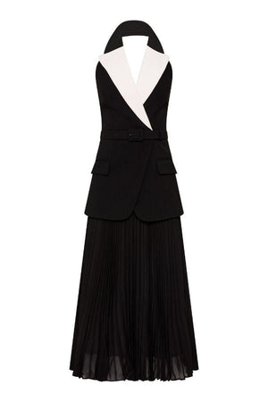 Emma Midi Dress Black and White by Rebecca Vallance – a tailored midi with contrast lapel and pleated skirt. Perfect for elegant styling.