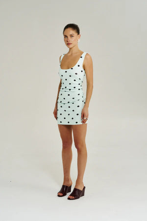 Emma Mini Dress Pinot Drop by Summi Summi - printed cotton mini dress with stretch fit, designed for a playful flattering silhouette.