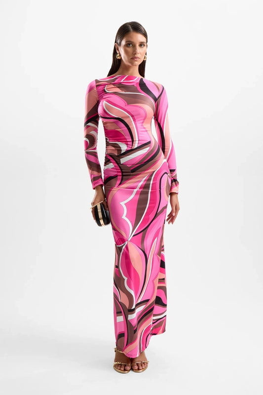 ‘Empress’ Maxi Dress Dolce Pink by Cin Cin – longline maxi with side ruching and skirt split in berry and brown swirl print.