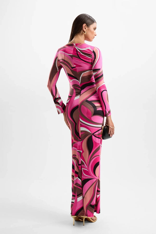 ‘Empress’ Maxi Dress Dolce Pink by Cin Cin – longline maxi with side ruching and skirt split in berry and brown swirl print.