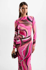 ‘Empress’ Maxi Dress Dolce Pink by Cin Cin – longline maxi with side ruching and skirt split in berry and brown swirl print.