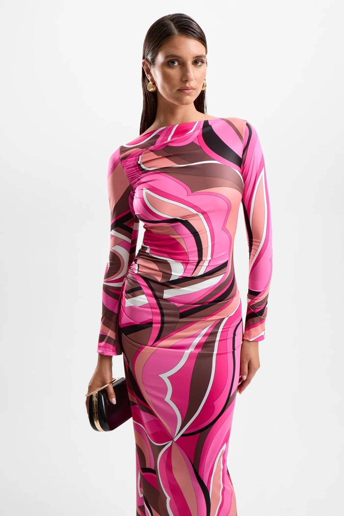 ‘Empress’ Maxi Dress Dolce Pink by Cin Cin – longline maxi with side ruching and skirt split in berry and brown swirl print.