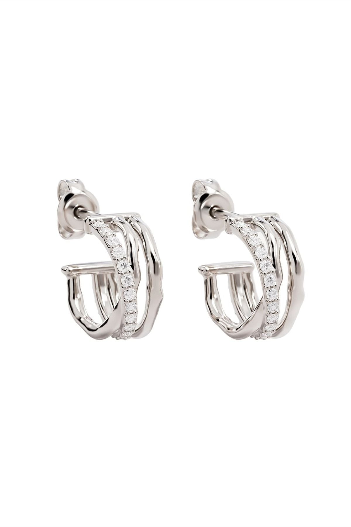 Entwined Hearts Earrings Sterling Silver by By Charlotte, triple-band crossover hoops with cubic zirconia accents.