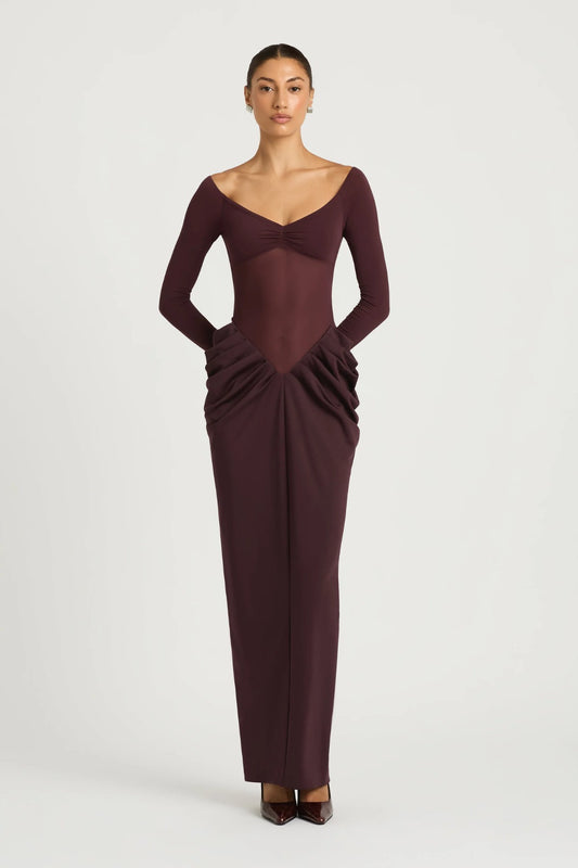 Enzo Maxi Dress Grape by Benni - off shoulder maxi dress with sheer waist and draped skirt, designed for a sculpted elegant silhouette.