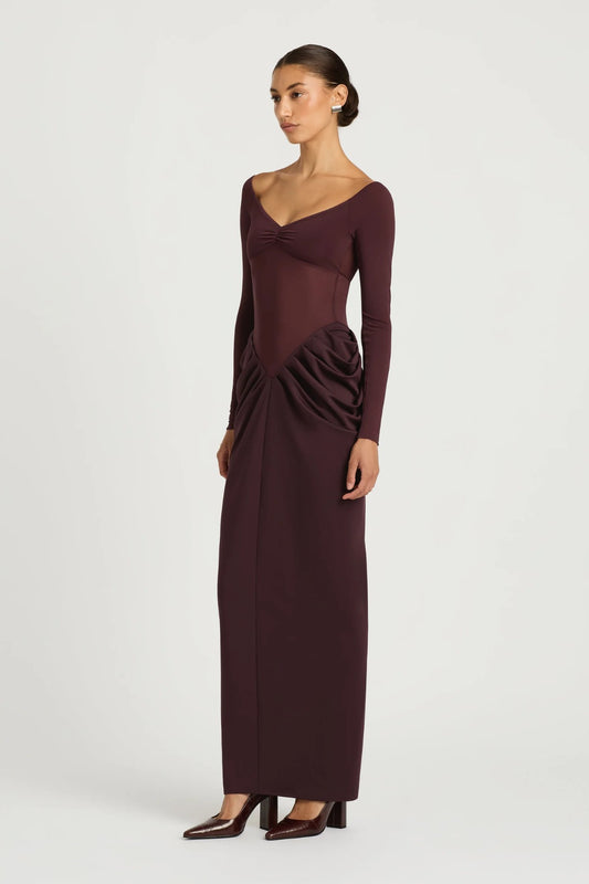 Enzo Maxi Dress Grape by Benni - off shoulder maxi dress with sheer waist and draped skirt, designed for a sculpted elegant silhouette.