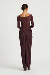 Enzo Maxi Dress Grape by Benni - off shoulder maxi dress with sheer waist and draped skirt, designed for a sculpted elegant silhouette.